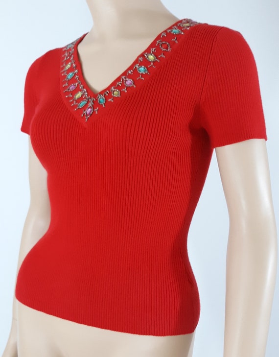 Womens Red Sweater Shirt Lipstick Red Pastel Bead… - image 4
