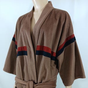 Men&#39;s Velore Robe 70&#39;s Early 80&#39;s Brown Red Black Striped Pockets Belted Excellent Condition Vintage by MICHAEL PAIGE One Size 36-48