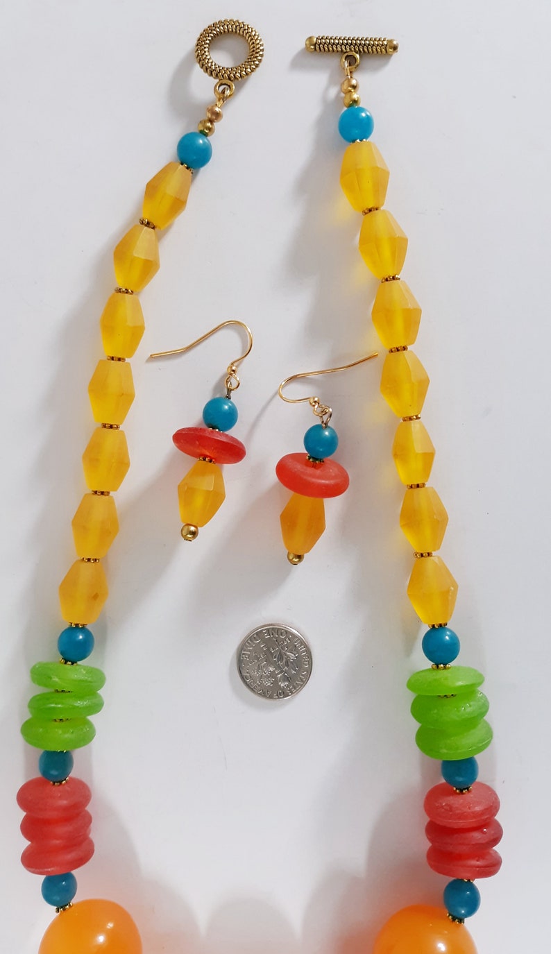 Necklace Womens Handmade Jewelry Necklace Earrings Set Artist Designed Red Yellow Green Blue Gemstone Multi Bead Mix GORGEOUS Great Gift