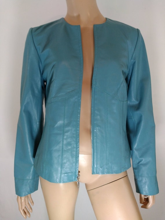 Women's Leather Jacket Soft Blue Zipper Front Blue