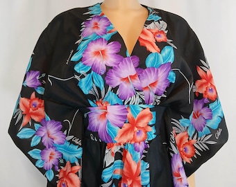 Vintage Hawaiian Kaftan, 70s 80s Kimono, Floral Print,  One Size