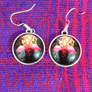 Flamingo Earrings Womens Girls Pink Glass Dome Silver Tone Beachy Resort Gorgeous Jewelry Fabulous Gift Craft Charm Handmade Womens Girls