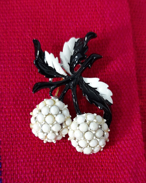 60's Cherry Brooch Black White Opaque Rhinestone … - image 7