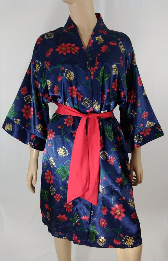 Satin Robe & Gown Women's Set Blue Red Satin Flora