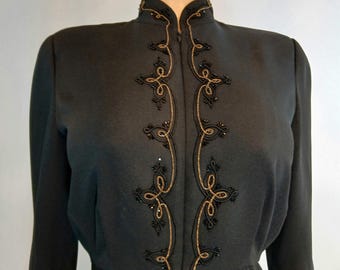 Black Jumpsuit 80's Long Sleeve, Gold Beaded Embroidery Size 6 petite