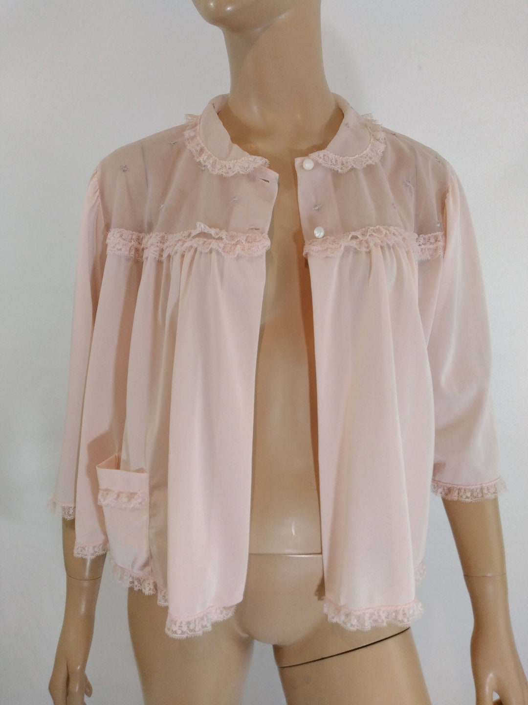 60's Lingerie Mini Robe Jacket Women's 3/4 Sleeve Pink Floral ...