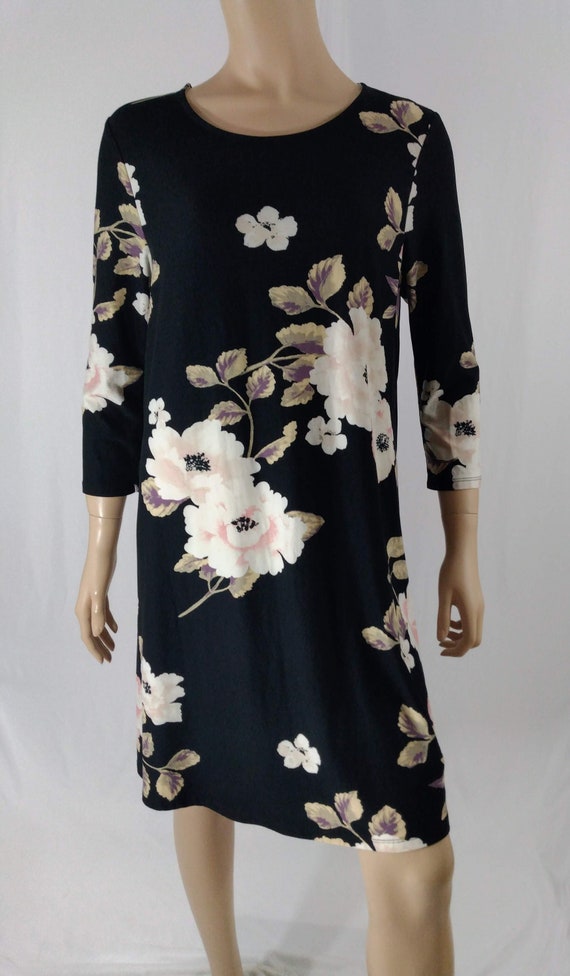 Black Floral Dress Stretchy 3/4 Sleeve Flowy Black