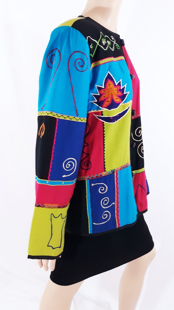 Vintage 80s Embroidered Color Block Jacket, Pop A… - image 4