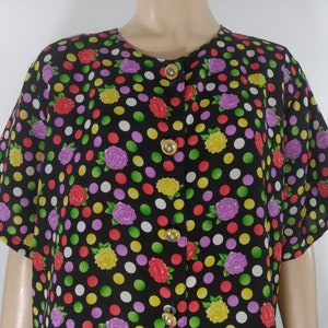 80&#39;s Women&#39;s Shirt Blouse Top Short Sleeve Black Rainbow Polka Dot Rose Print Lightweight Excellent Condition Vintage by YUH CHANG Size L