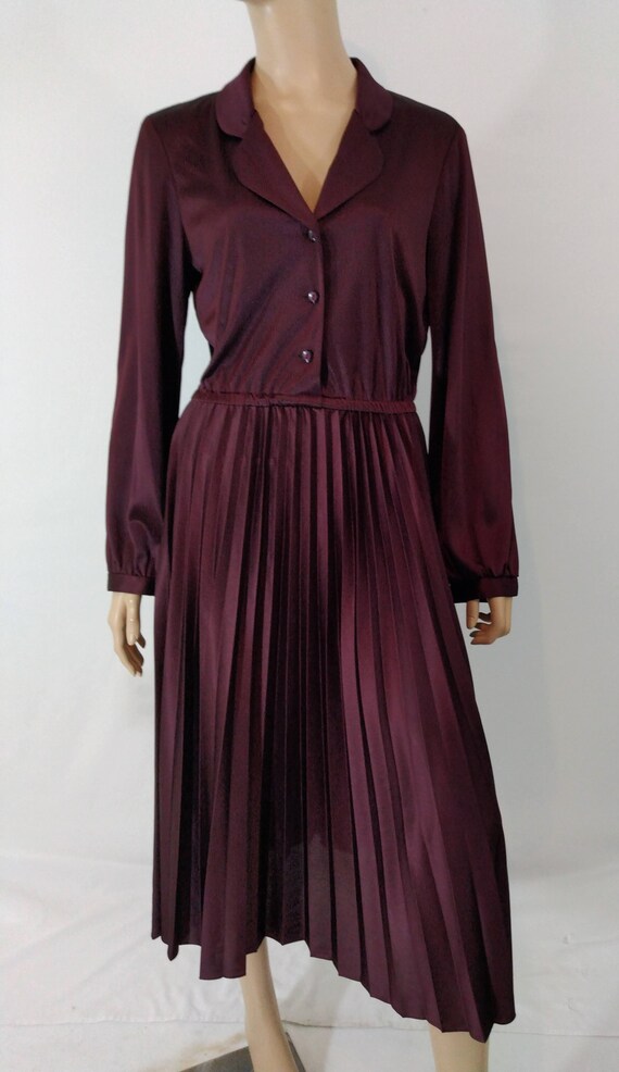 Women's Dress 70's Long Sleeve Deep Red Maroon Dr… - image 2