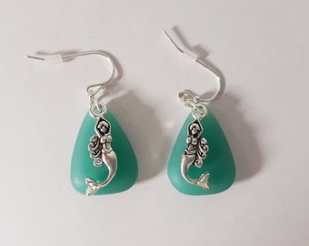 Teal Sea Glass Mermaid Earrings, Silver Tone Dangle Jewelry