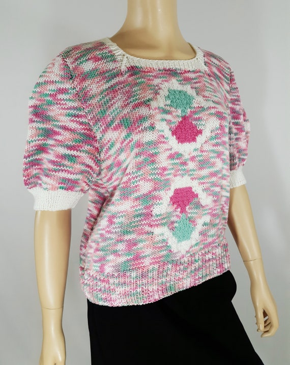 80's Women's Sweater Pullover Pastel Pink Turquoi… - image 2