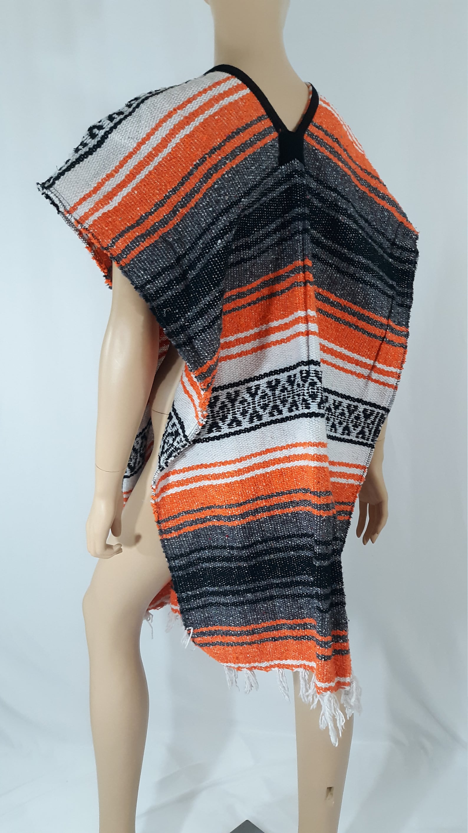 Mexican Poncho Authentic Heavy Black White Gray Orange Fringed Etsy