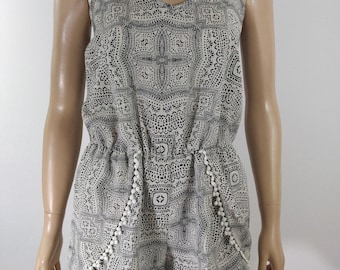 Vintage Geo Print Romper: Black & White, Pom Pom Trim, Size M