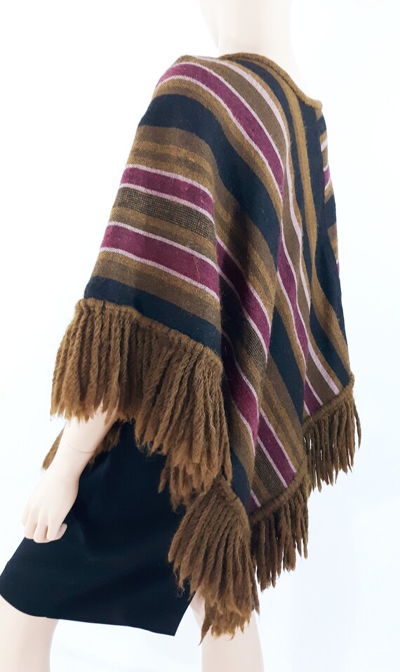 Handmade 70s Wool Poncho: Striped, Fringed, Vinta… - image 5