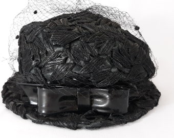 Pill Box Hat 60's Womens Black Braided Design Netting w Black Velvet Polka Dots Black Patent Leather Band Bow Great Vintage Size 20 Inch USA