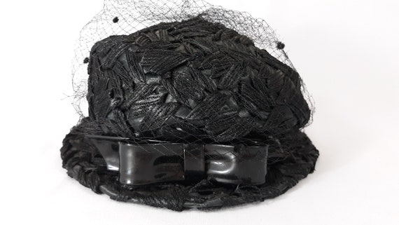 Vintage 60s Braided Pillbox Hat, Black Velvet Polka Dot  display picture 1