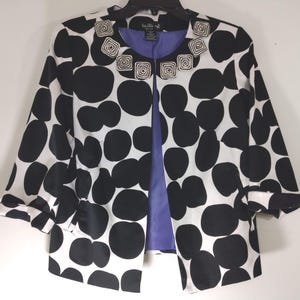 Women's Jacket Lux Black White Huge Polka Dot Print Purple Satin Lining 3/4 Sleeve Lux Like New Perfect Vintage by IVY CHIC Size S