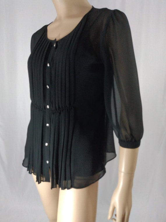 40's Style Top Women's Shirt Black Semi Sheer Ple… - image 7