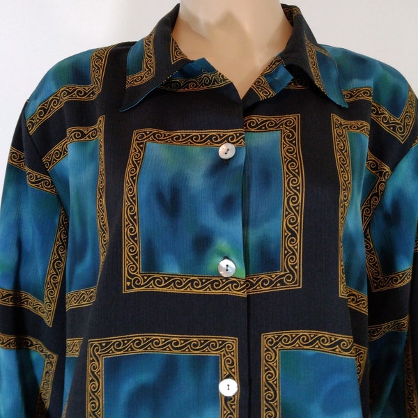 Plus Size Blouse Women's Blouse 80's 90's Blue Black Gold Abstract Print Long Sleeve Excellent Condition Vintage by ERENA WOMAN Size 1X