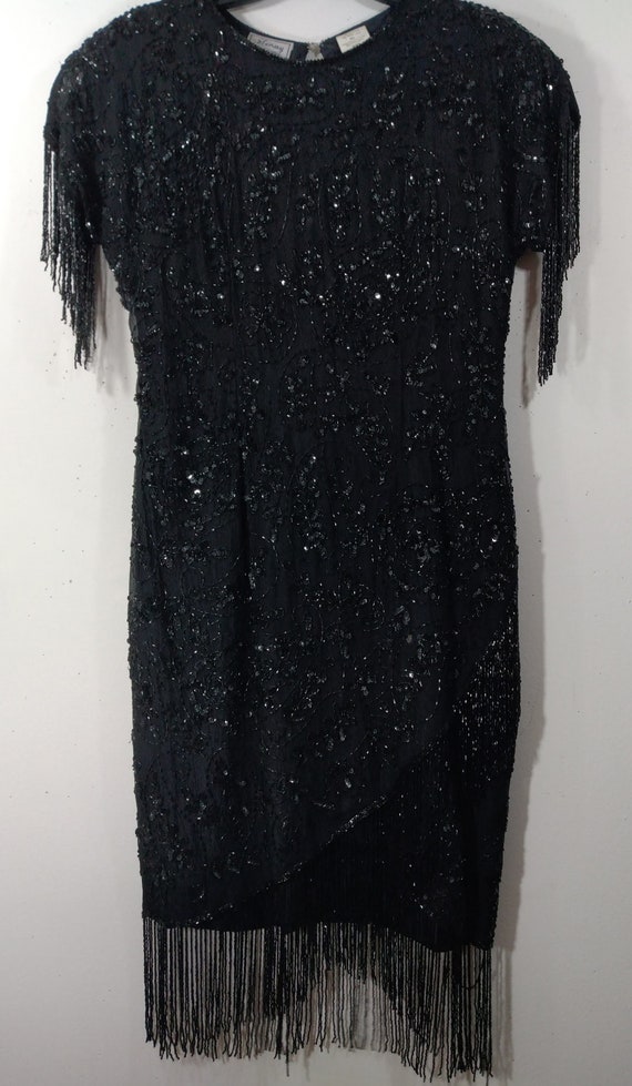 Black Beaded Dress Women's 70's 80's 100% Silk Se… - image 8