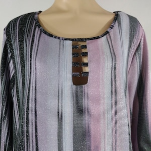Plus Size Blouse Women&#39;s Black Pink Silver Striped Disco Blouse 3/4 Sleeve Stretchy Like New Condition Vintage by AVENUE Size 26/28