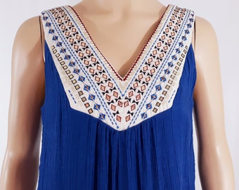 Women's Boho Dress Blue Rayon Gauzy A-line Sleeveless Embroidered Beaded Cleopatra Neckline Excellent Condition Vintage by LUXOLOGY Size S