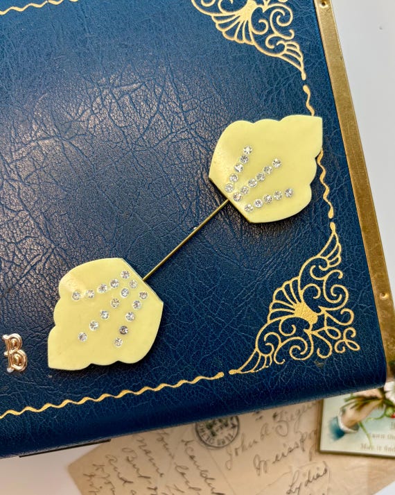 Vintage Celluloid & Rhinestone Jabot Pin - image 1
