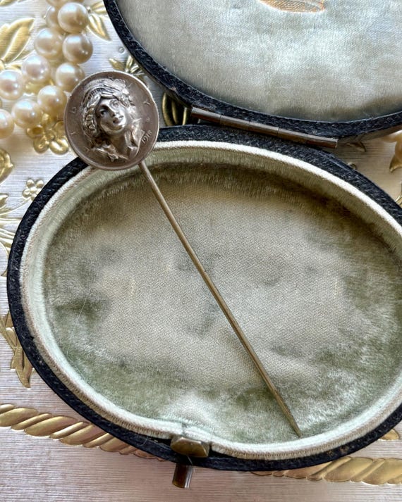 Antique 1918 Repousse Lady Liberty Dime Stick Pin