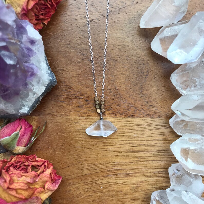 Quartz crystal /& brass beaded necklace