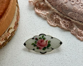 Antique Sterling Silver Enamel Guilloche Rose Brooch