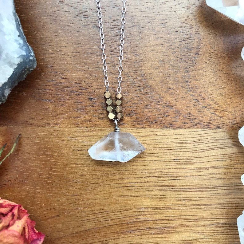 Quartz crystal /& brass beaded necklace