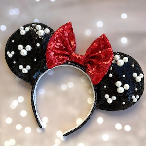 Black Sequin Mouse Ears: Pearl Accents, Red Bow Headband