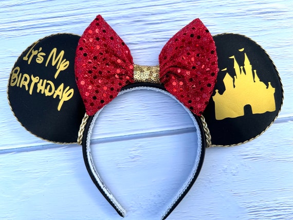 Birthday Mickey Mouse Ears: Red Sequin Bow, Gold Castle - Etsy display picture 1