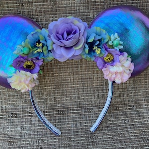 Holographic Floral Mouse Ears: Teal & Purple Pandora Style
