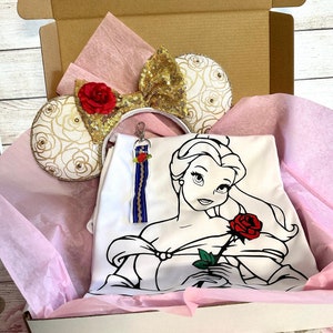 Disney Gift Box Set - Belle Mouse Ears, T-shirt and Ears Holder Set - Princess Matching Set- Belle Matching Set - Beaty and Beast shirt