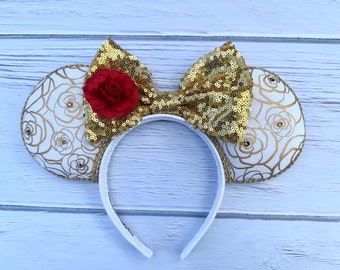 Belle inspired Ears, Belle Ears, Mickey Mouse Ears, Gold Rose  Beauty and The Beast