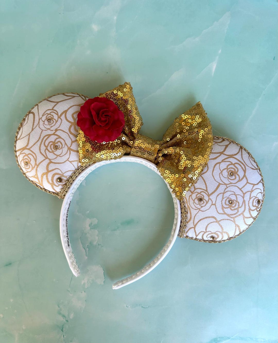 Disney Beauty & the Beast Stain Glass Inspired Gold & Red Rose Tiara Ears FIRST LOOK: 1990s Disney100 Decades Collection  main image 2