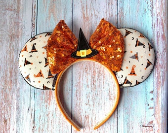 Orejas de ratón inspiradas en Halloween, orejas de ratón estampadas con sombreros de bruja