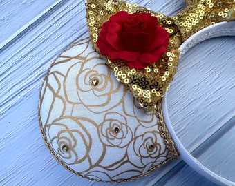 Tokyo Disney ? Ears Gold w Red rose, themed for Belle bedazzled in shiny gold. $_57.JPG?set_id=880000500F main image 4
