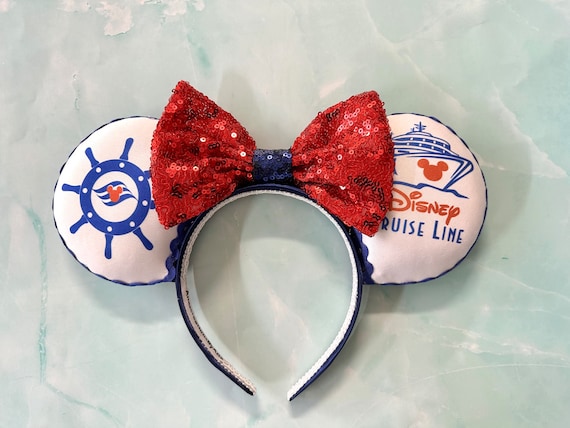 Disney Cruise Line Minnie Ear Headband with Red Bow and Blue Patterned Ears Disney Cruise Line Minnie Mouse Red Sequin Anchor Blue  main image 2