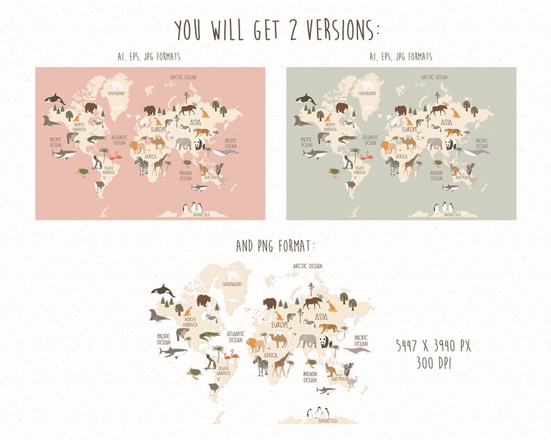 Animal world map digital world map nursery art map of the Etsy