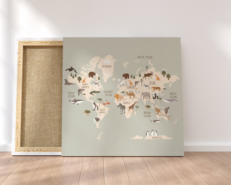 Animal world map digital world map nursery art map of the Etsy