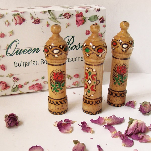 Bulgarische ROSE Öl Parfüm kleine Geschenkbox mit 3 Fläschchen x 2,1ml Holz Andenken