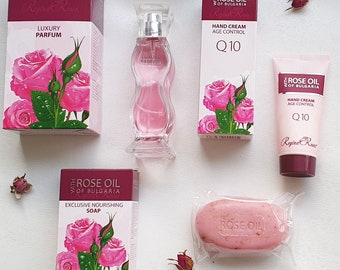 Aromatic Bulgarian Rose gift set - perfume, hand cream, soap bar in a gift box