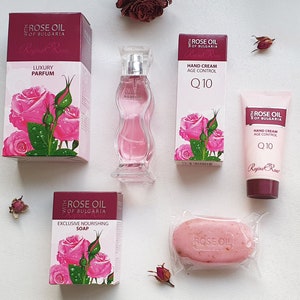 Aromatic Bulgarian Rose gift set - perfume, hand cream, soap bar in a gift box