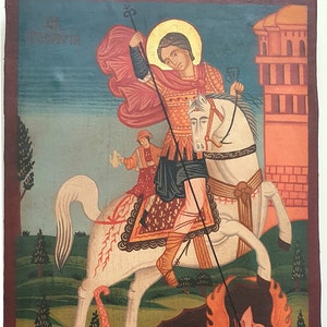 Hand Painted high Quality Icon of Saint George Slaying the Dragon, unique piece of art