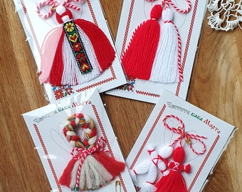 Set de 4 martenici différents, décoration folklorique bulgare martenitsa rouge et blanche faite main