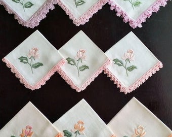 Set 6 Doilies napkins "Silk roses" table linen coffee tea textiles decoration Hand made embroidery & lace !