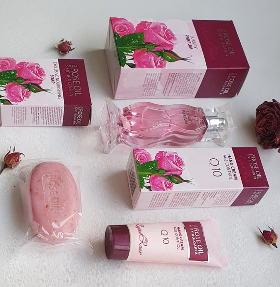 Aromatic Bulgarian Rose Gift Set Perfume, Hand Cream, Soap Bar in a Gift Box  -  UK